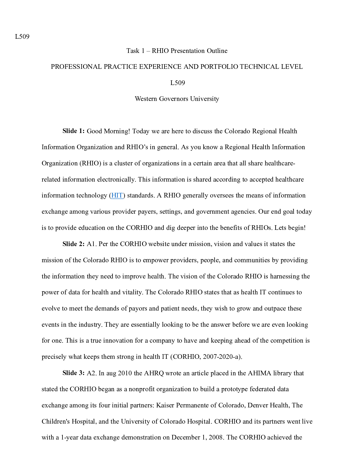 Preview image of TASK 1 RHIO PRESENTATION OUTLINE..docx    L509  Task 1 â€“ RHIO Presentation Outline  PROF document